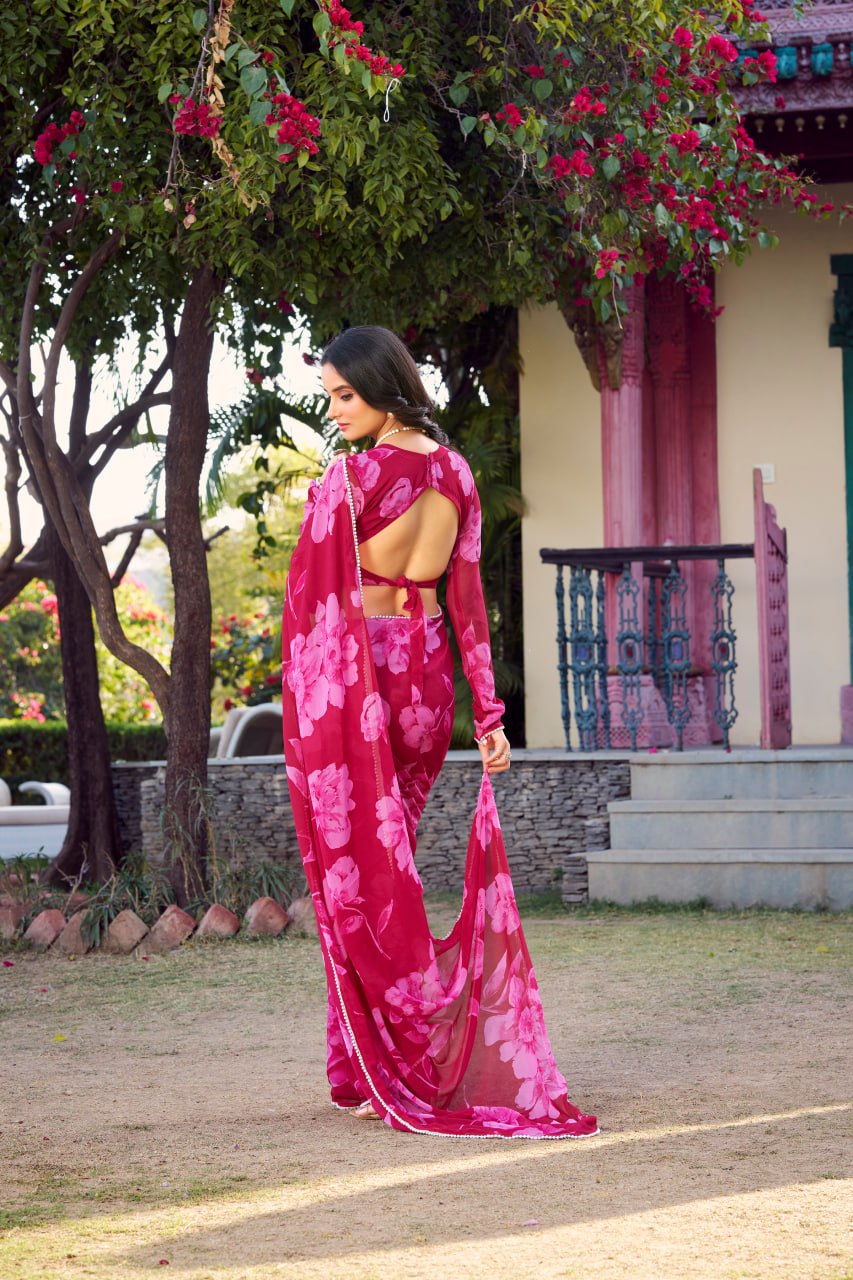 Rani Pink Chiffon Floral Printed Saree Pearl Lace Border Matching Blouse