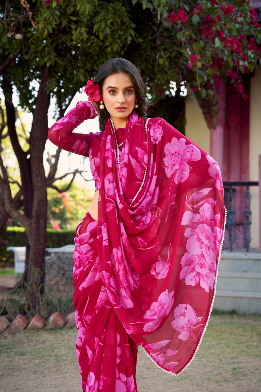 Rani Pink Chiffon Floral Printed Saree Pearl Lace Border Matching Blouse