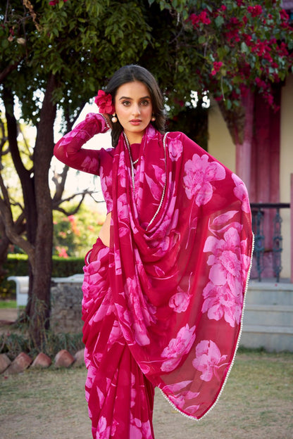 Rani Pink Chiffon Floral Printed Saree Pearl Lace Border Matching Blouse