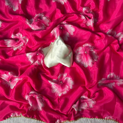 Rani Pink Chinnon Silk Printed Saree with Satin Silk Blouse 