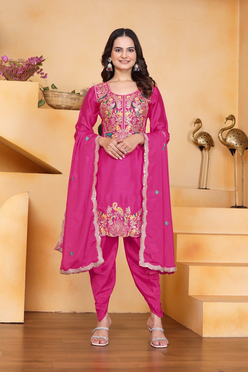 Rani Pink Designer Chinon Dhoti Suit with Coding Sequins Embroidery