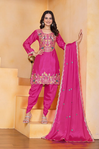 Rani Pink Designer Chinon Dhoti Suit with Coding Sequins Embroidery