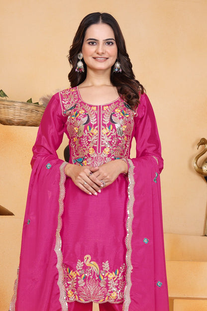 Rani Pink Designer Chinon Dhoti Suit with Coding Sequins Embroidery