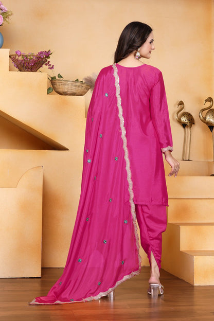 Rani Pink Designer Chinon Dhoti Suit with Coding Sequins Embroidery