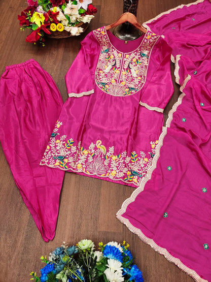 Rani Pink Designer Chinon Dhoti Suit with Coding Sequins Embroidery