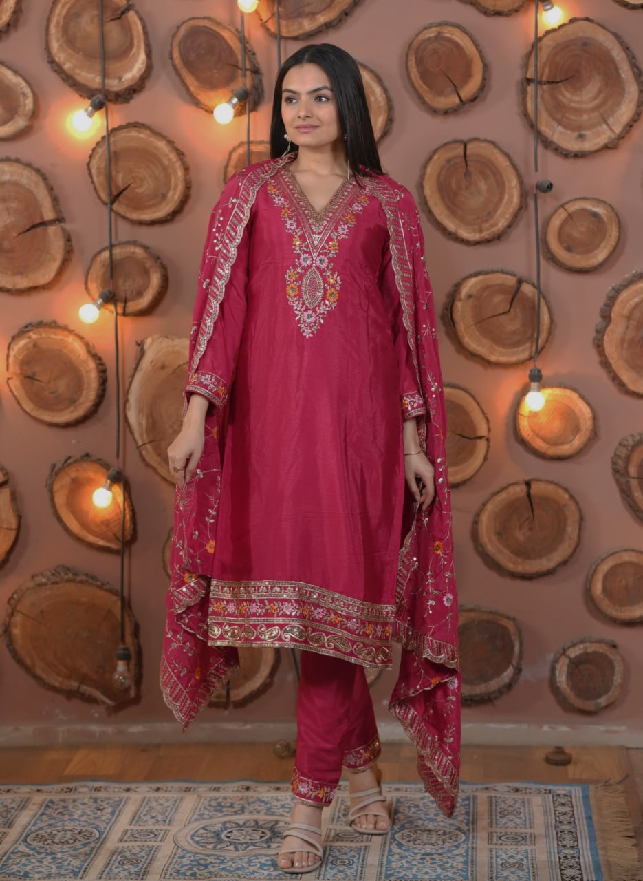 Rani Pink Designer Chinon Suit with Multi Sequins Embroidery