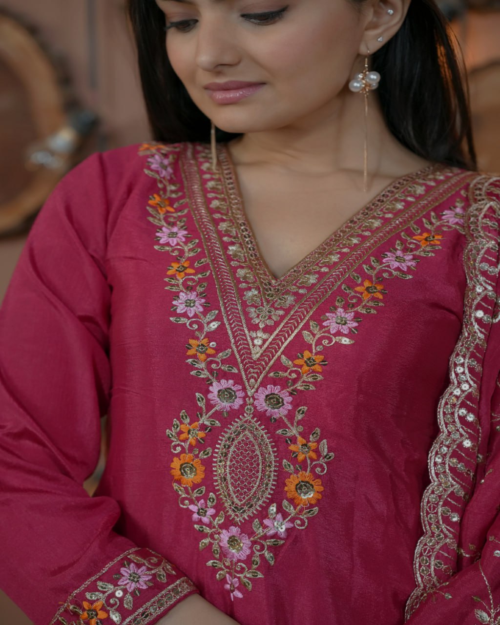 Rani Pink Designer Chinon Suit with Multi Sequins Embroidery