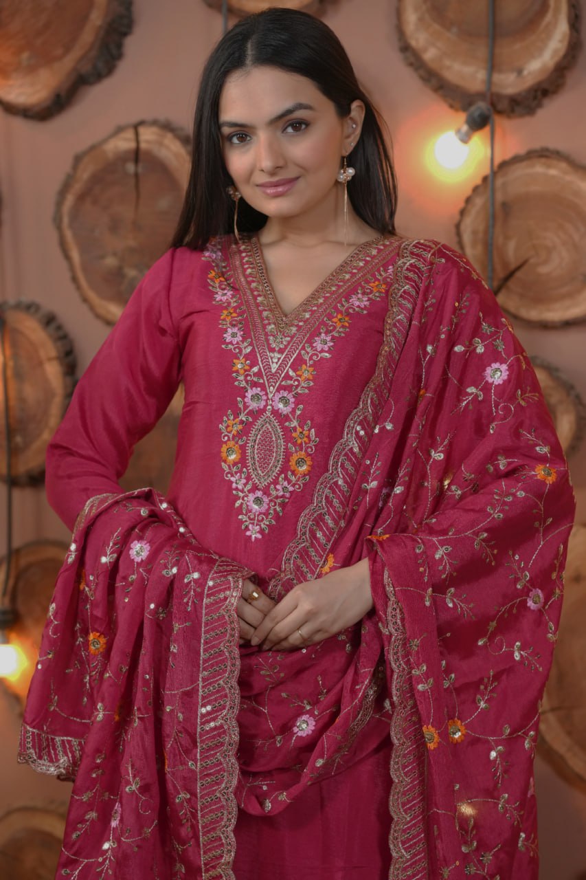 Rani Pink Designer Chinon Suit with Multi Sequins Embroidery
