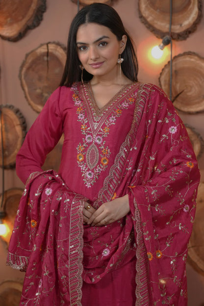 Rani Pink Designer Chinon Suit with Multi Sequins Embroidery