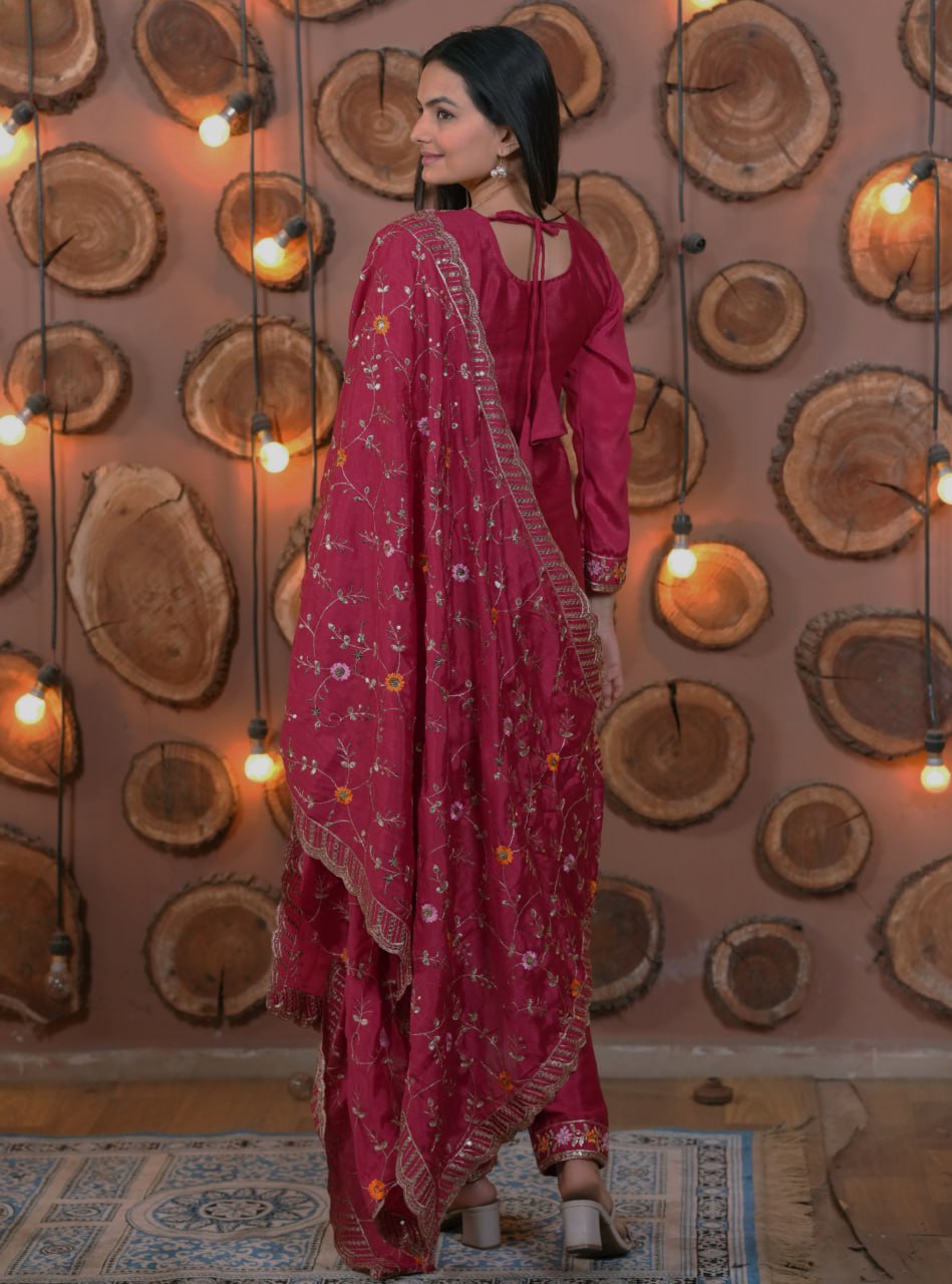 Rani Pink Designer Chinon Suit with Multi Sequins Embroidery