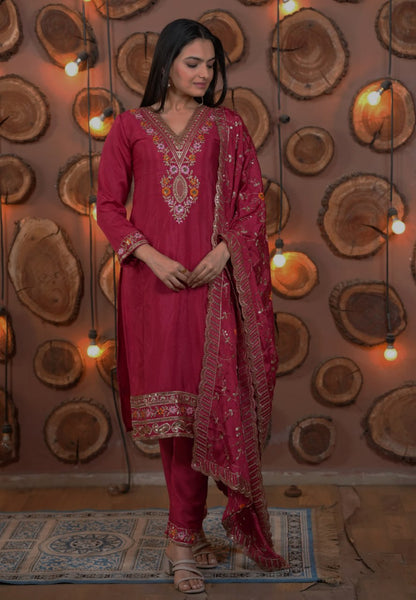 Rani Pink Designer Chinon Suit with Multi Sequins Embroidery