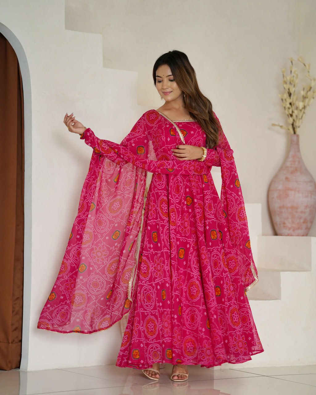 RANI Pink Designer Pure Chiffon Bandhej Anarkali Gown Set with Dupatta