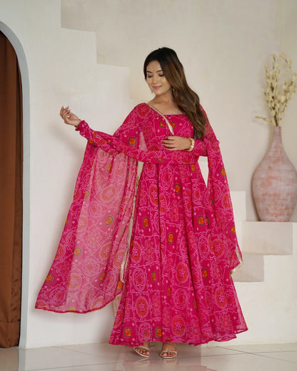 RANI Pink Designer Pure Chiffon Bandhej Anarkali Gown Set with Dupatta