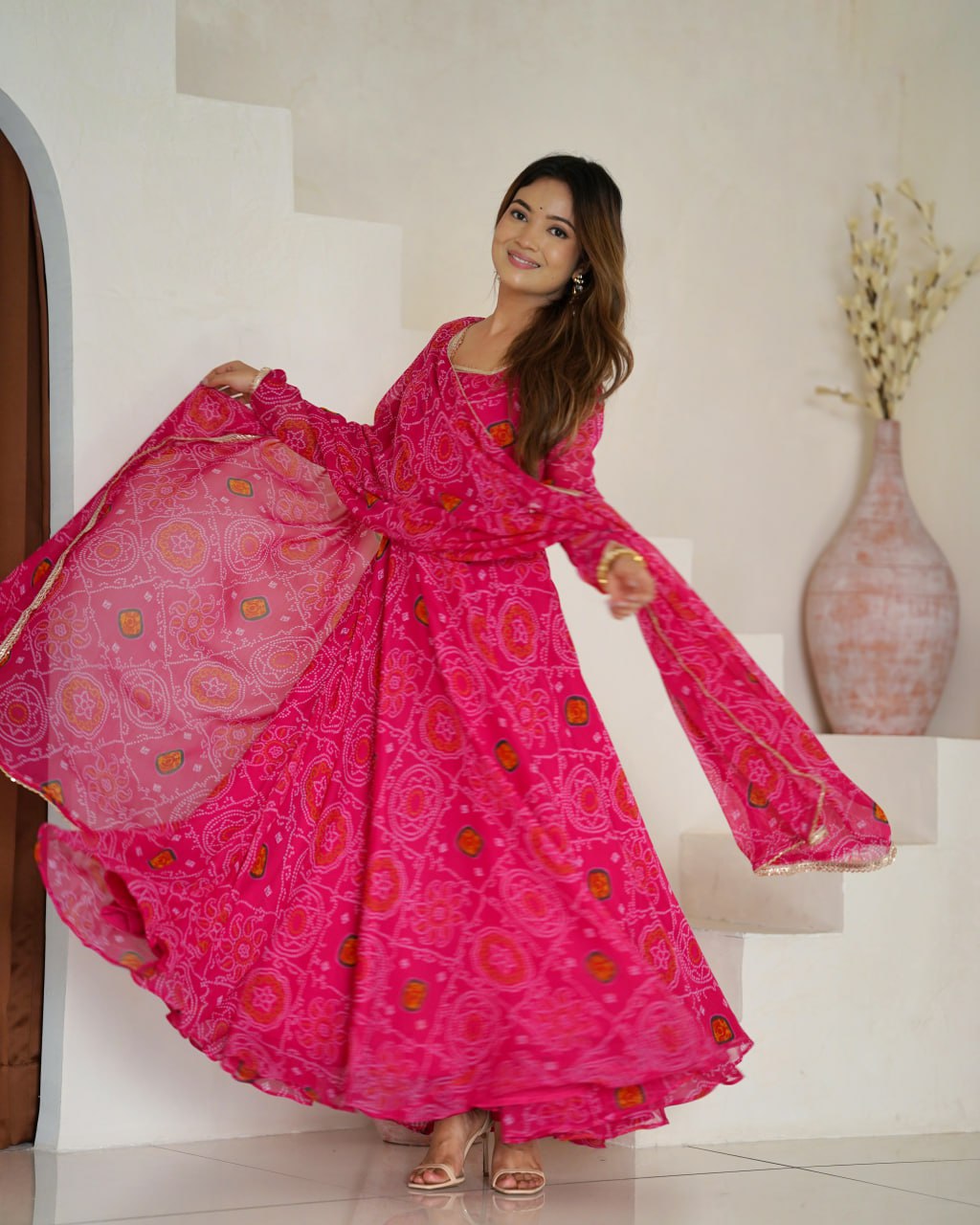 RANI Pink Designer Pure Chiffon Bandhej Anarkali Gown Set with Dupatta