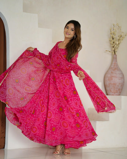 RANI Pink Designer Pure Chiffon Bandhej Anarkali Gown Set with Dupatta