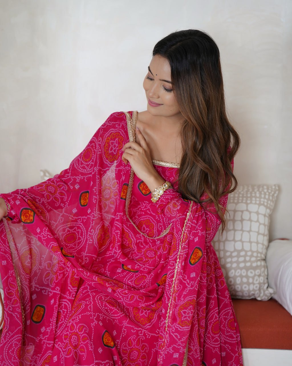 RANI Pink Designer Pure Chiffon Bandhej Anarkali Gown Set with Dupatta