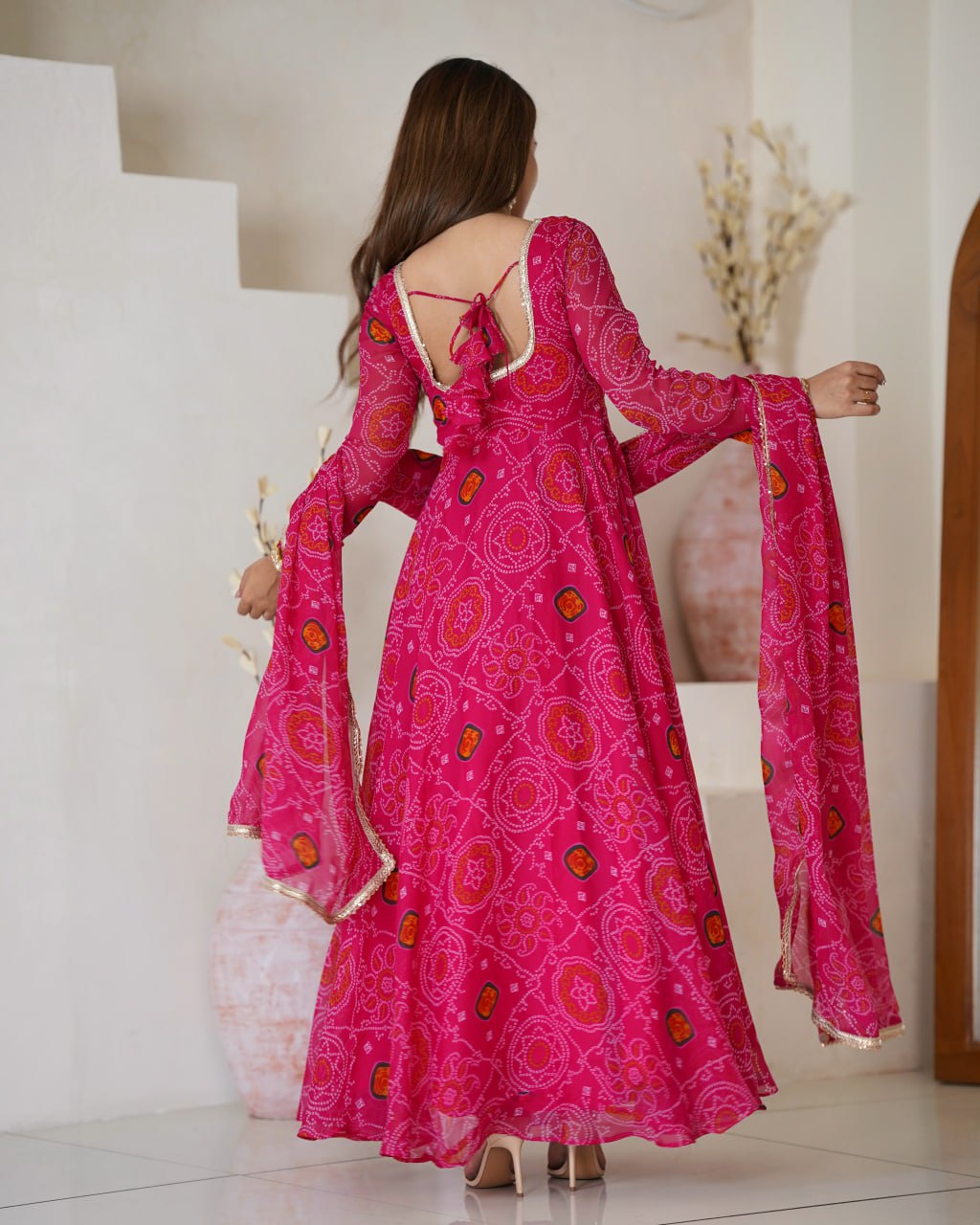 RANI Pink Designer Pure Chiffon Bandhej Anarkali Gown Set with Dupatta