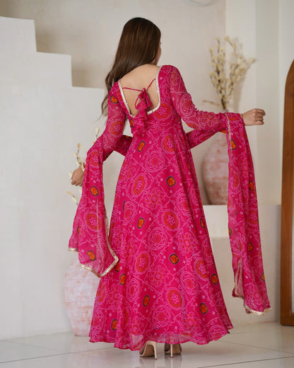 RANI Pink Designer Pure Chiffon Bandhej Anarkali Gown Set with Dupatta