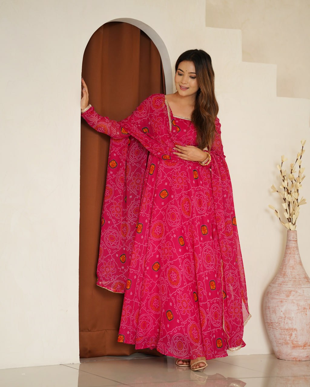 RANI Pink Designer Pure Chiffon Bandhej Anarkali Gown Set with Dupatta