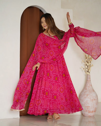 RANI Pink Designer Pure Chiffon Bandhej Anarkali Gown Set with Dupatta