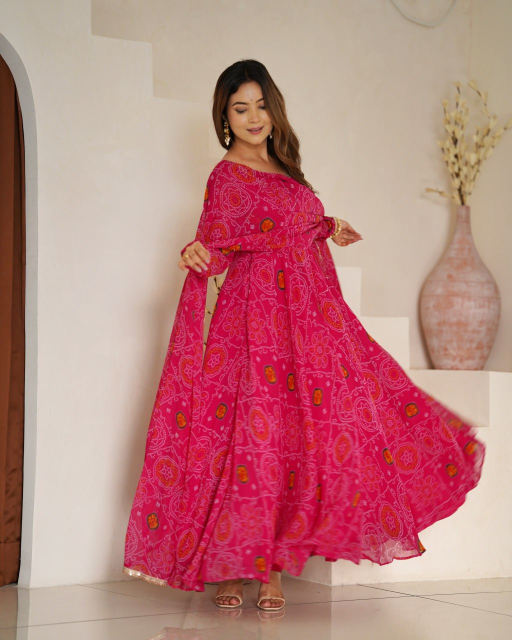 RANI Pink Designer Pure Chiffon Bandhej Anarkali Gown Set with Dupatta