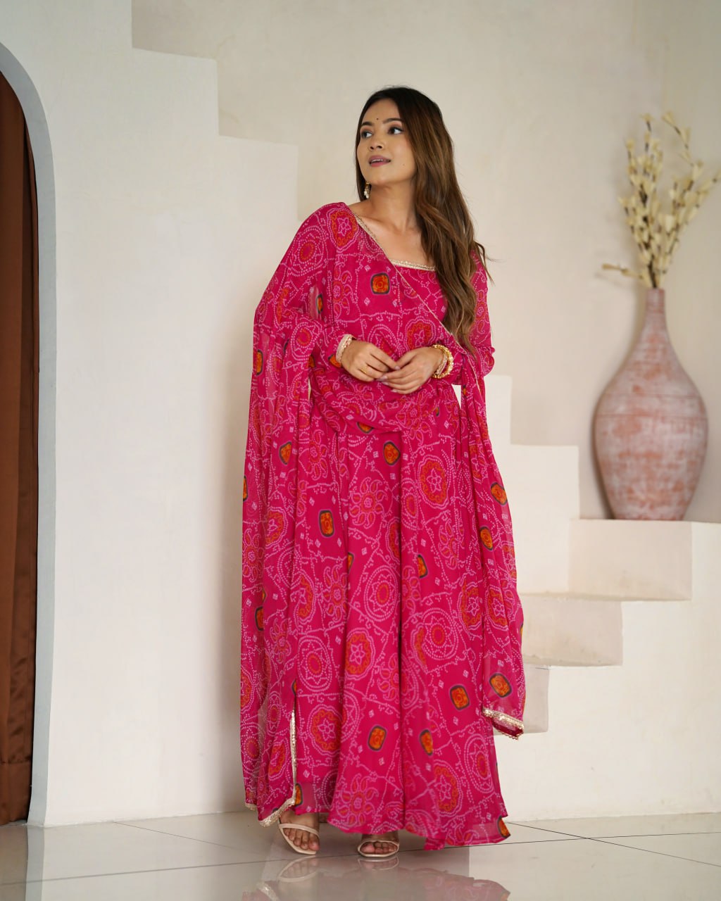 RANI Pink Designer Pure Chiffon Bandhej Anarkali Gown Set with Dupatta