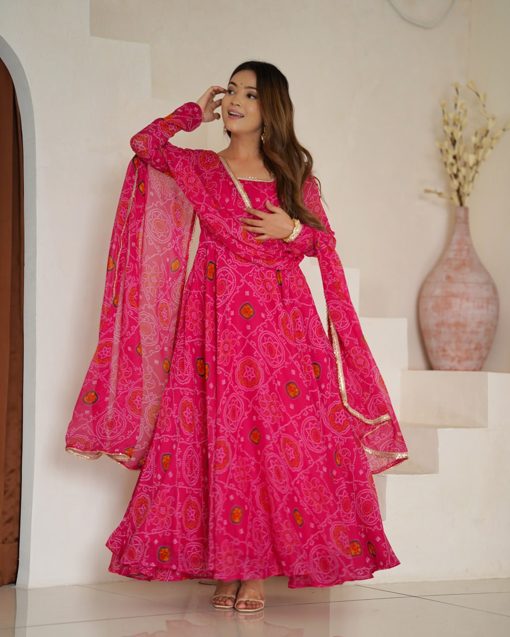 RANI Pink Designer Pure Chiffon Bandhej Anarkali Gown Set with Dupatta