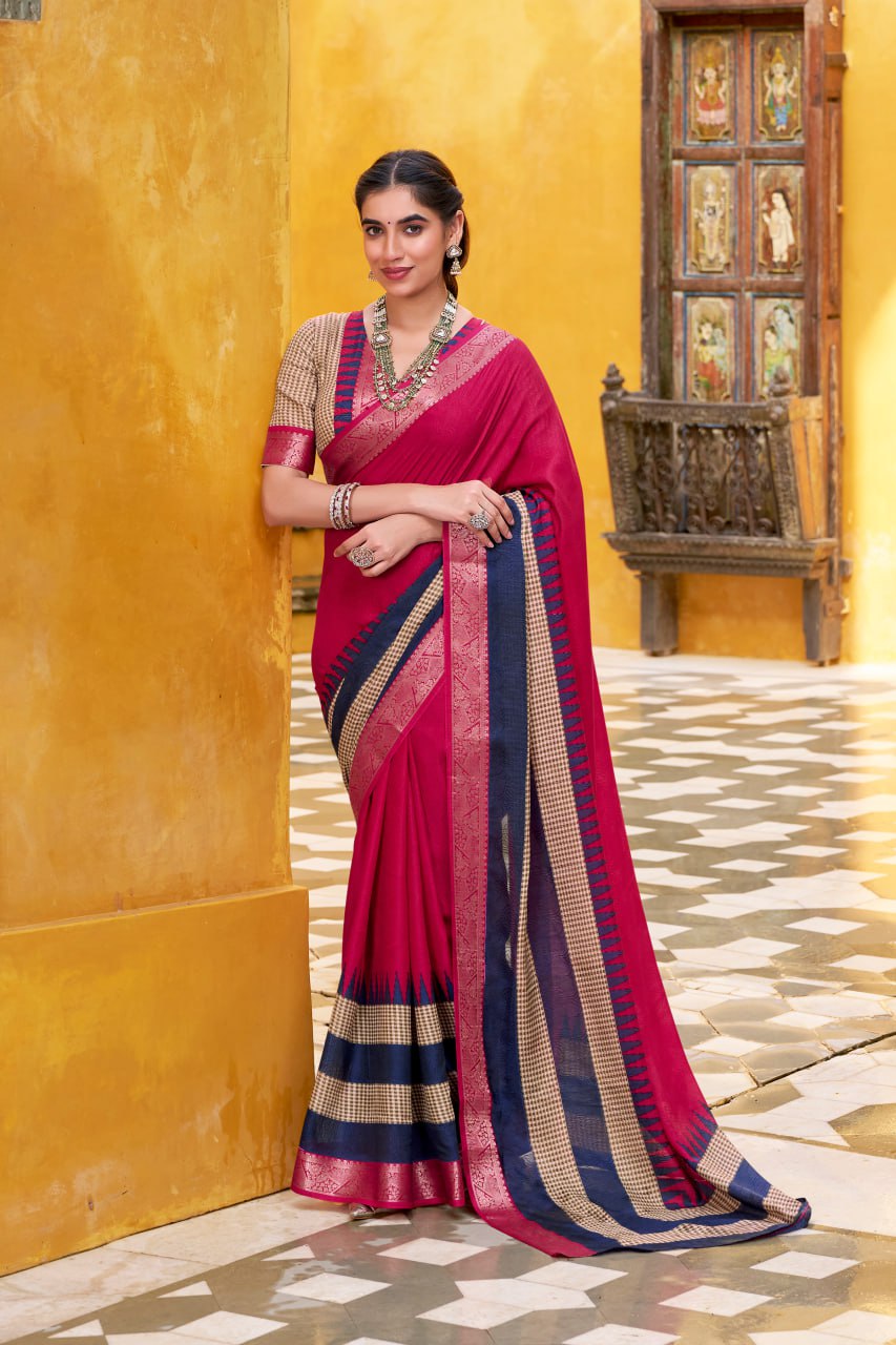 Rani Pink Poly Cotton Printed Zari Saree with A Bule Border