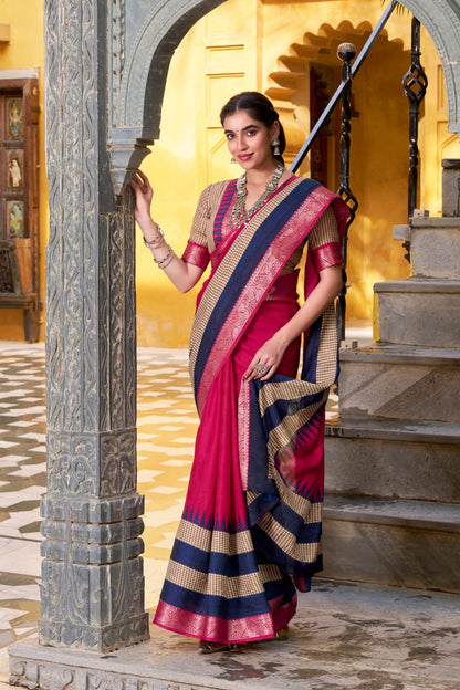 Rani Pink Poly Cotton Printed Zari Saree with A Bule Border