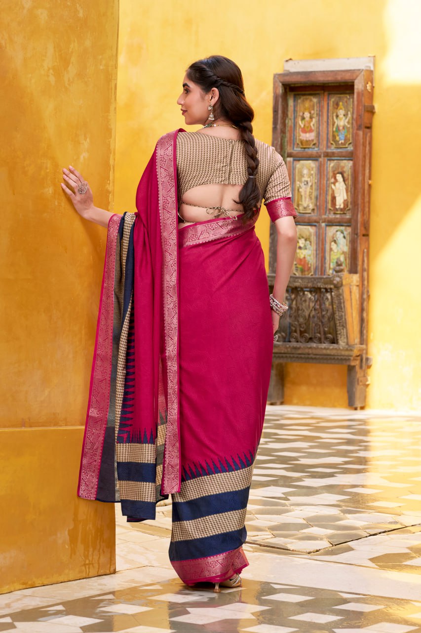 Rani Pink Poly Cotton Printed Zari Saree with A Bule Border