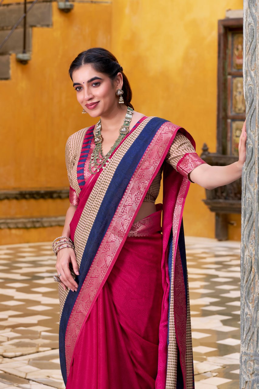 Rani Pink Poly Cotton Printed Zari Saree with A Bule Border