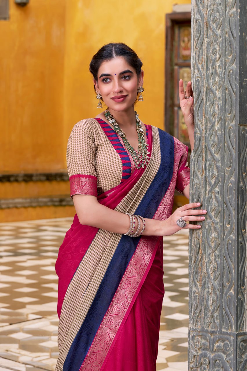 Rani Pink Poly Cotton Printed Zari Saree with A Bule Border