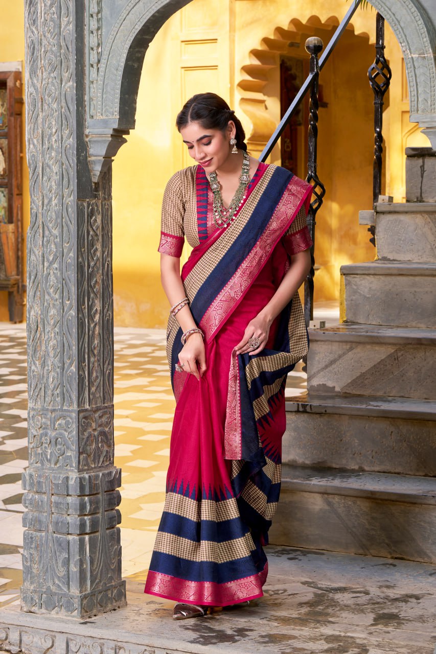 Rani Pink Poly Cotton Printed Zari Saree with A Bule Border