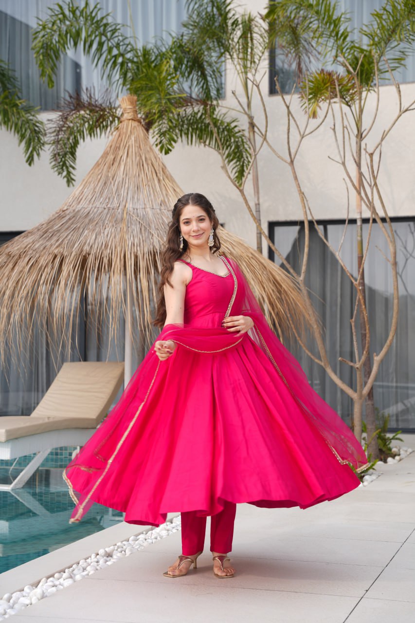 Rani Pink Roman Silk Chanderi Anarkali Suit with Mirror-Lace Net Dupatta