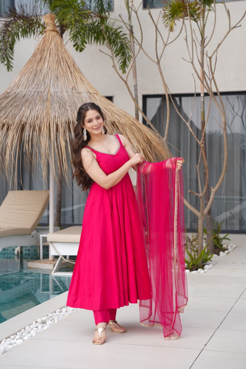 Rani Pink Roman Silk Chanderi Anarkali Suit with Mirror-Lace Net Dupatta