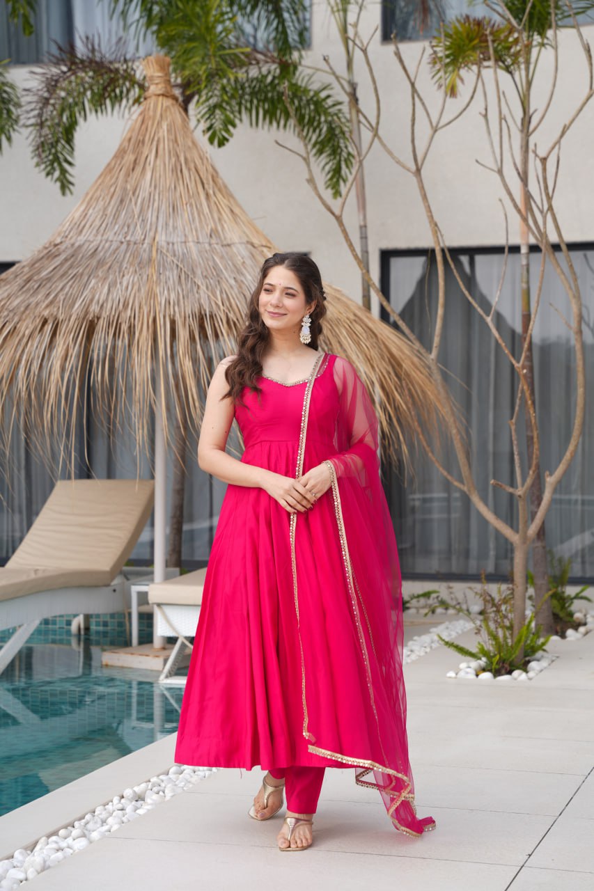 Rani Pink Roman Silk Chanderi Anarkali Suit with Mirror-Lace Net Dupatta