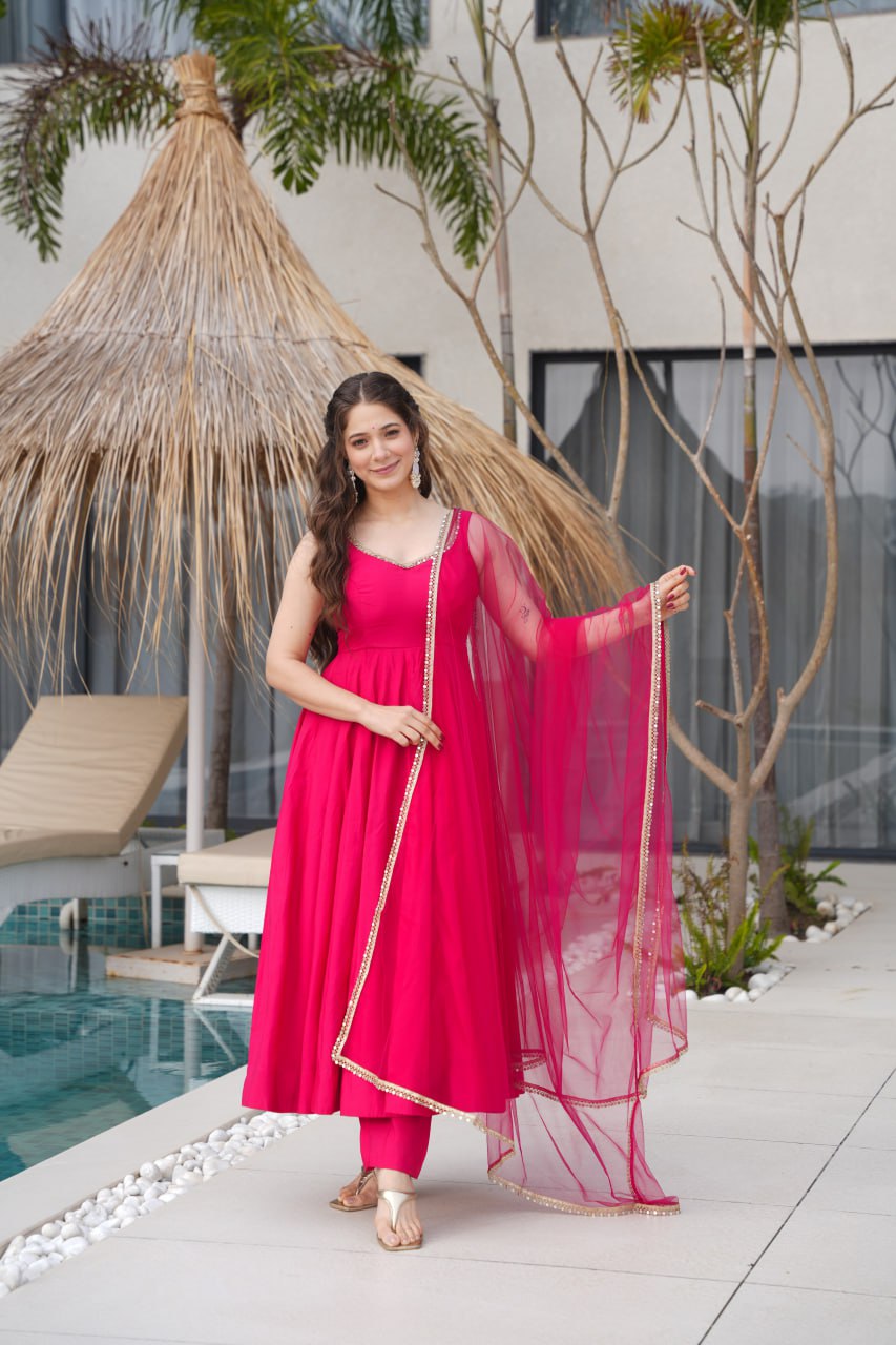 Rani Pink Roman Silk Chanderi Anarkali Suit with Mirror-Lace Net Dupatta