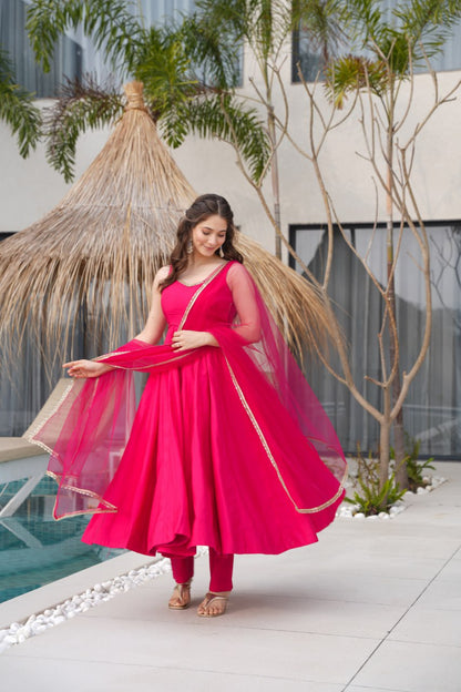 Rani Pink Roman Silk Chanderi Anarkali Suit with Mirror-Lace Net Dupatta