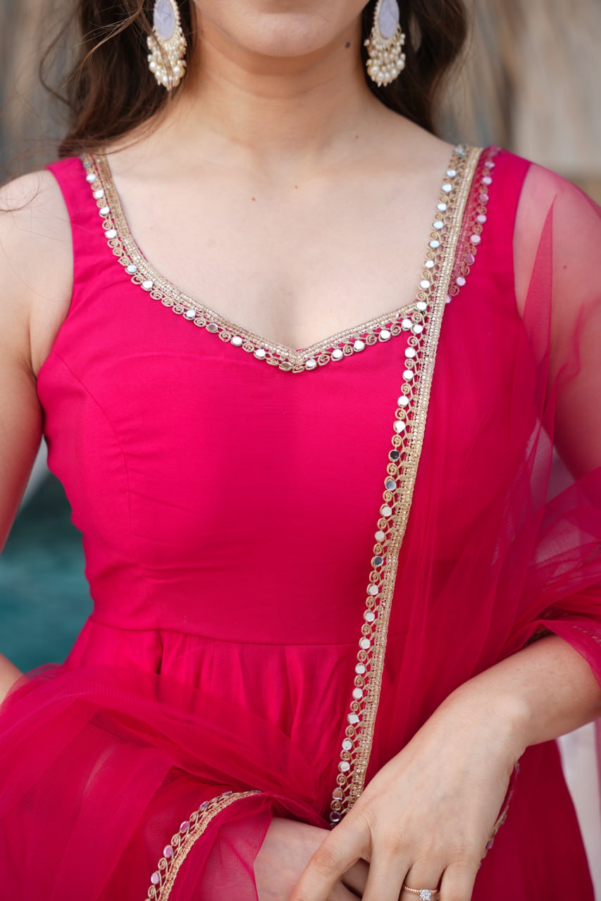 Rani Pink Roman Silk Chanderi Anarkali Suit with Mirror-Lace Net Dupatta