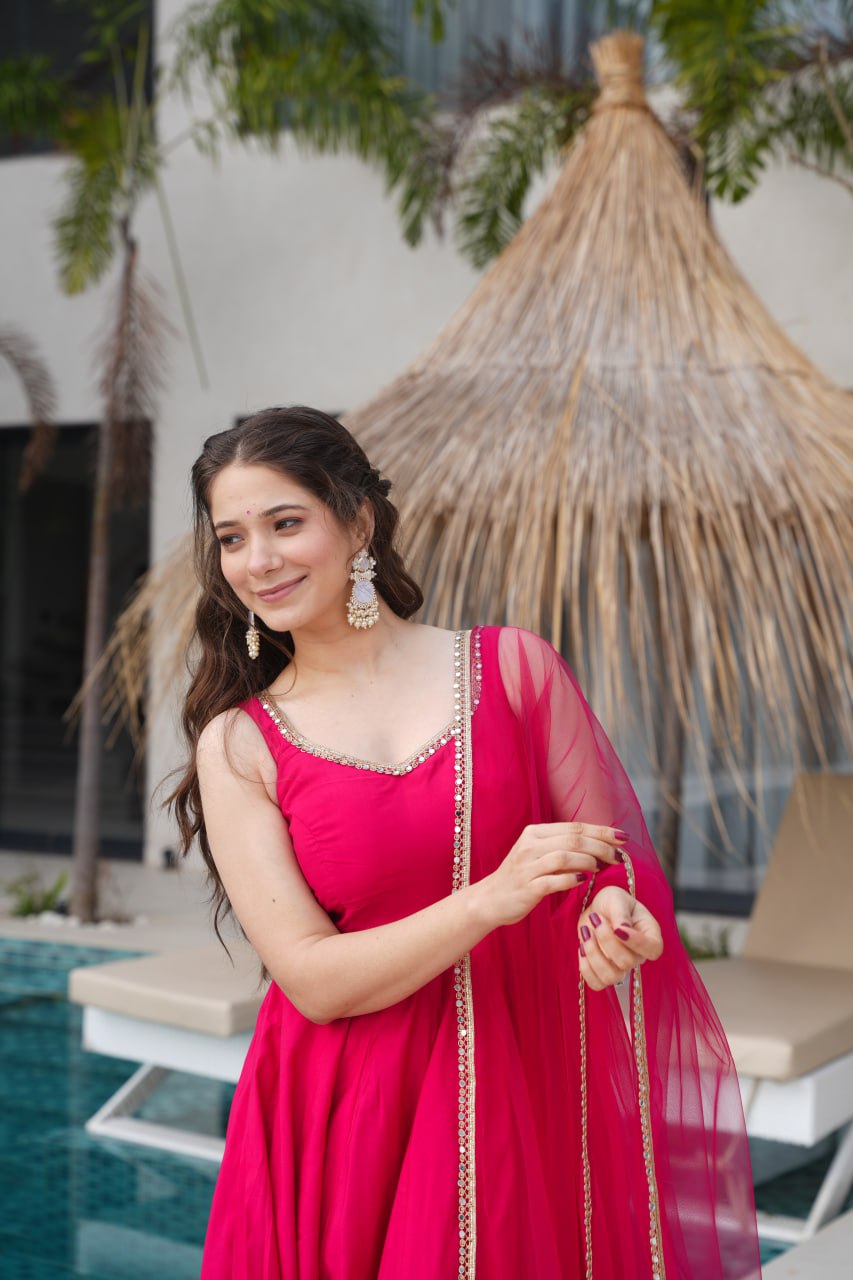 Rani Pink Roman Silk Chanderi Anarkali Suit with Mirror-Lace Net Dupatta