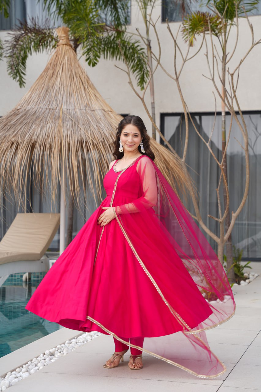 Rani Pink Roman Silk Chanderi Anarkali Suit with Mirror-Lace Net Dupatta