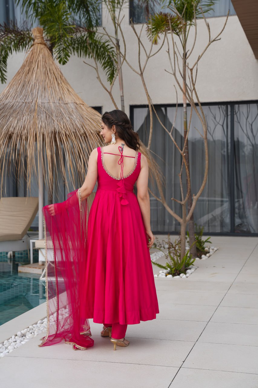 Rani Pink Roman Silk Chanderi Anarkali Suit with Mirror-Lace Net Dupatta