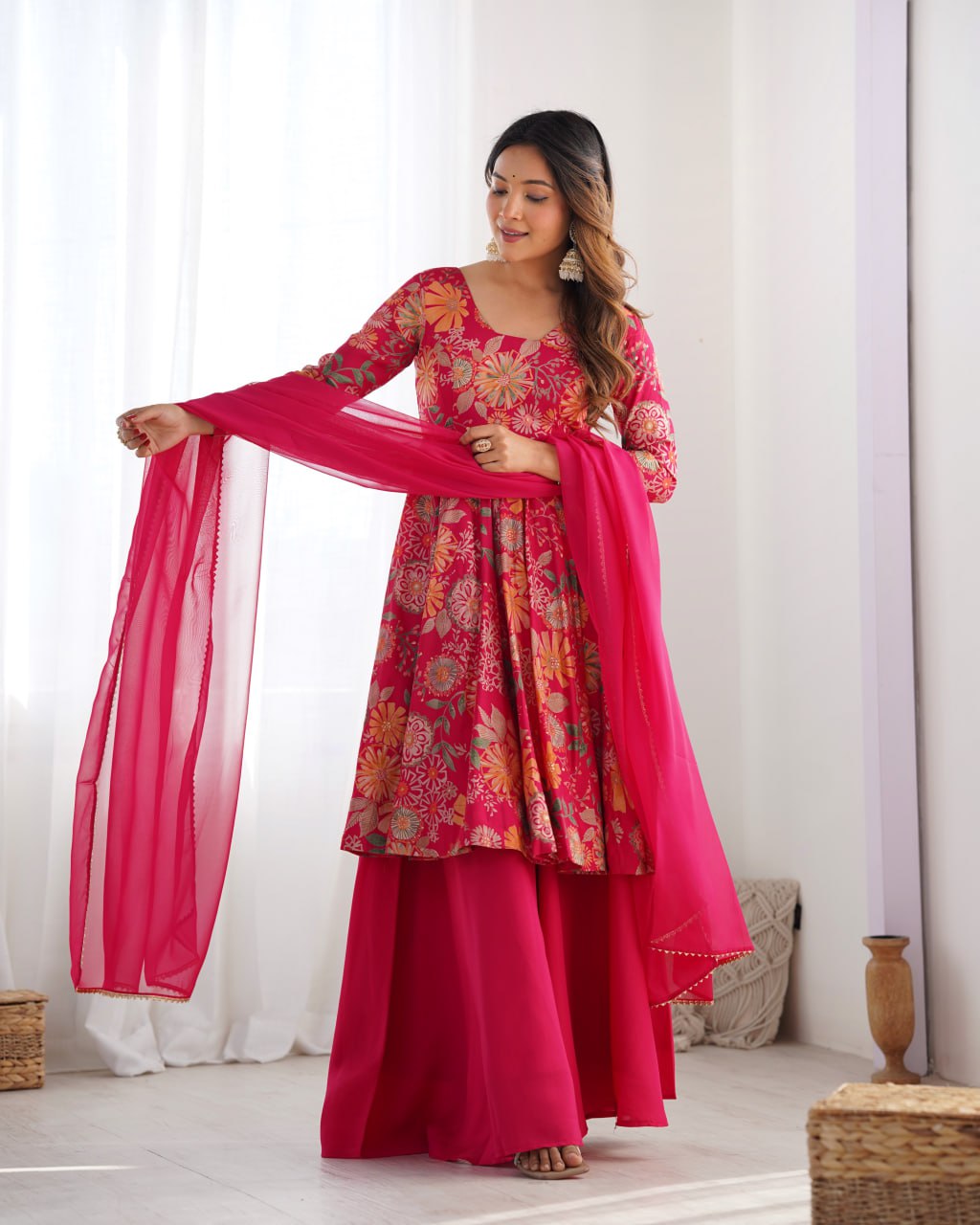 RANIPINK Soft Romansilk Chanderi Kediya Style & Fancy Organza Dupatta