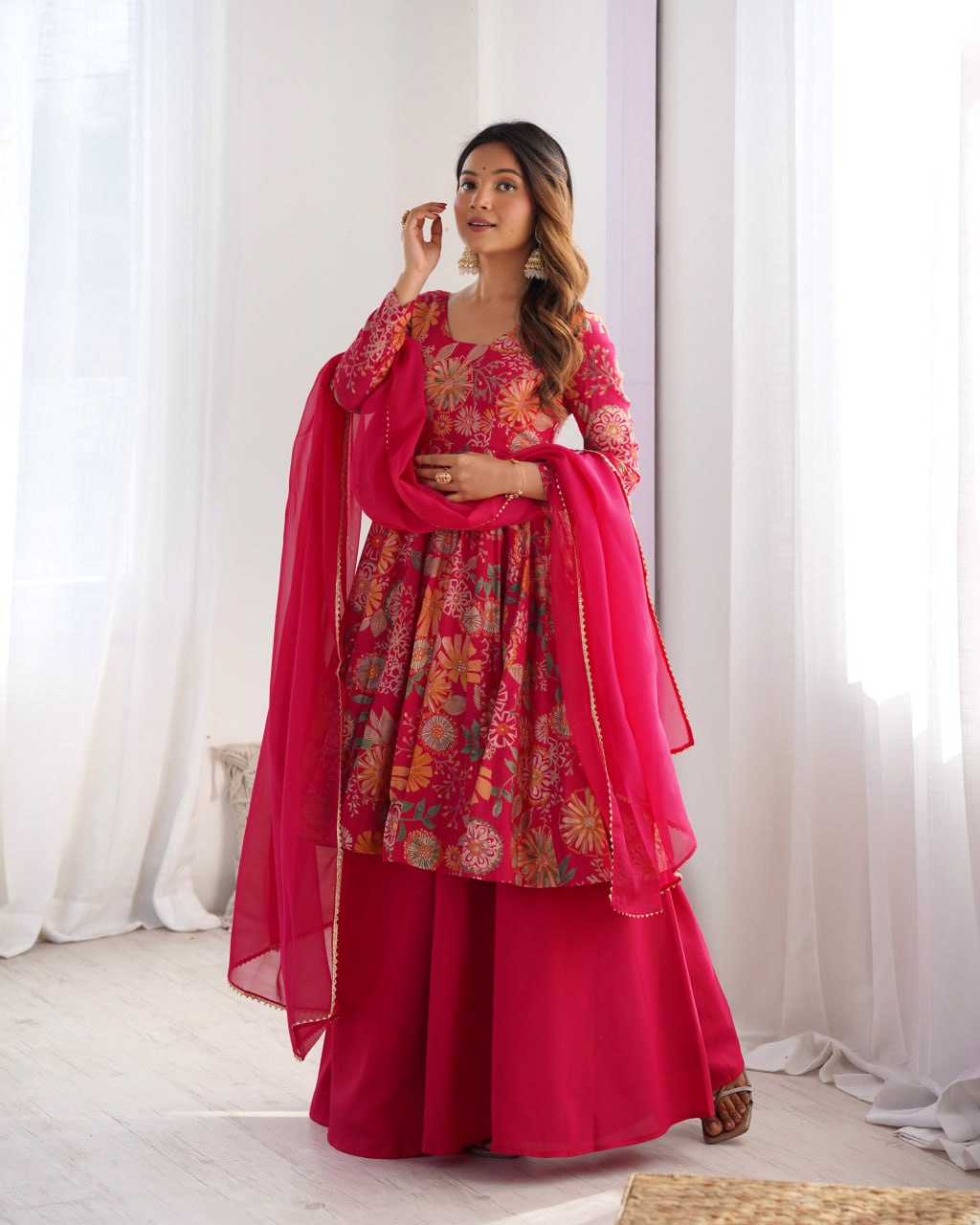 RANIPINK Soft Romansilk Chanderi Kediya Style & Fancy Organza Dupatta