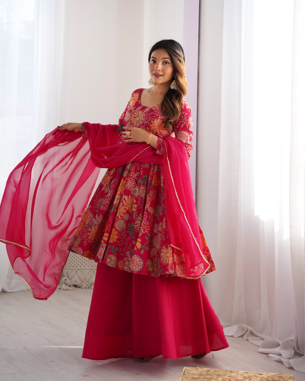 RANIPINK Soft Romansilk Chanderi Kediya Style & Fancy Organza Dupatta