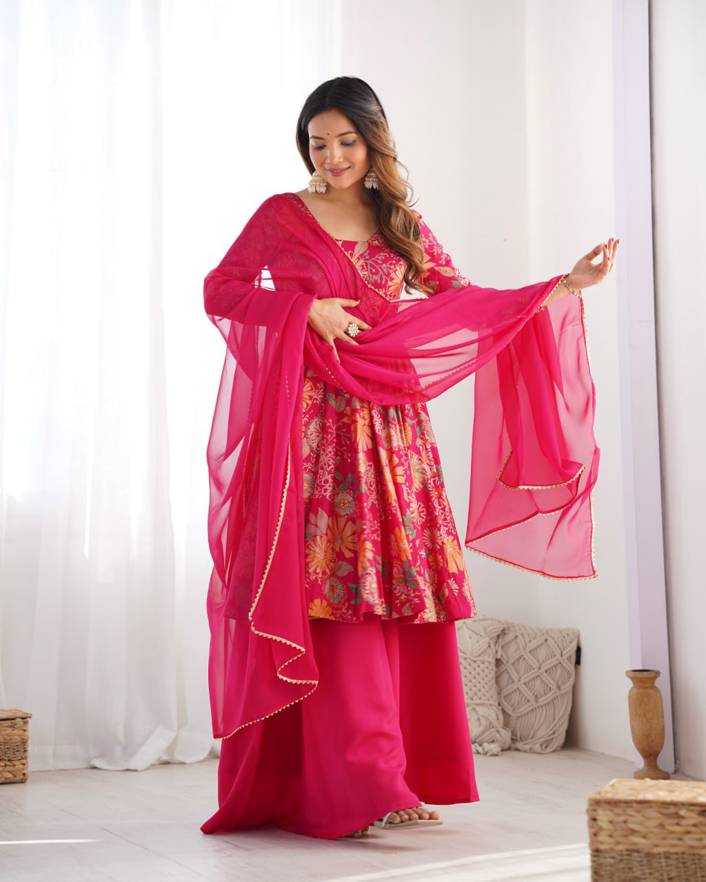 RANIPINK Soft Romansilk Chanderi Kediya Style & Fancy Organza Dupatta