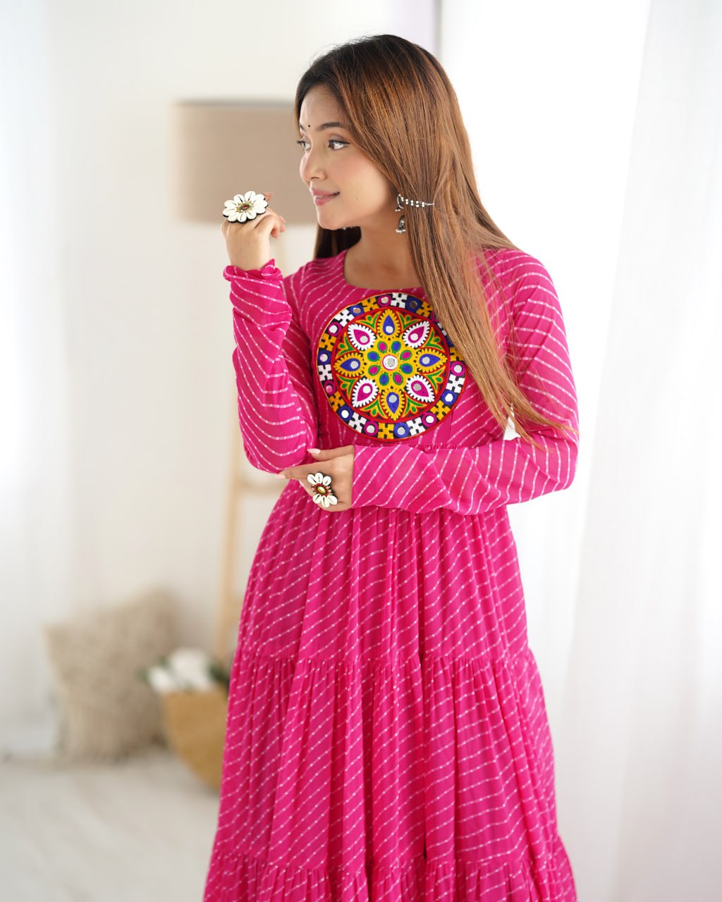 Rani Pink Vibrant Laheriya Print Georgette Anarkali Gown Dress