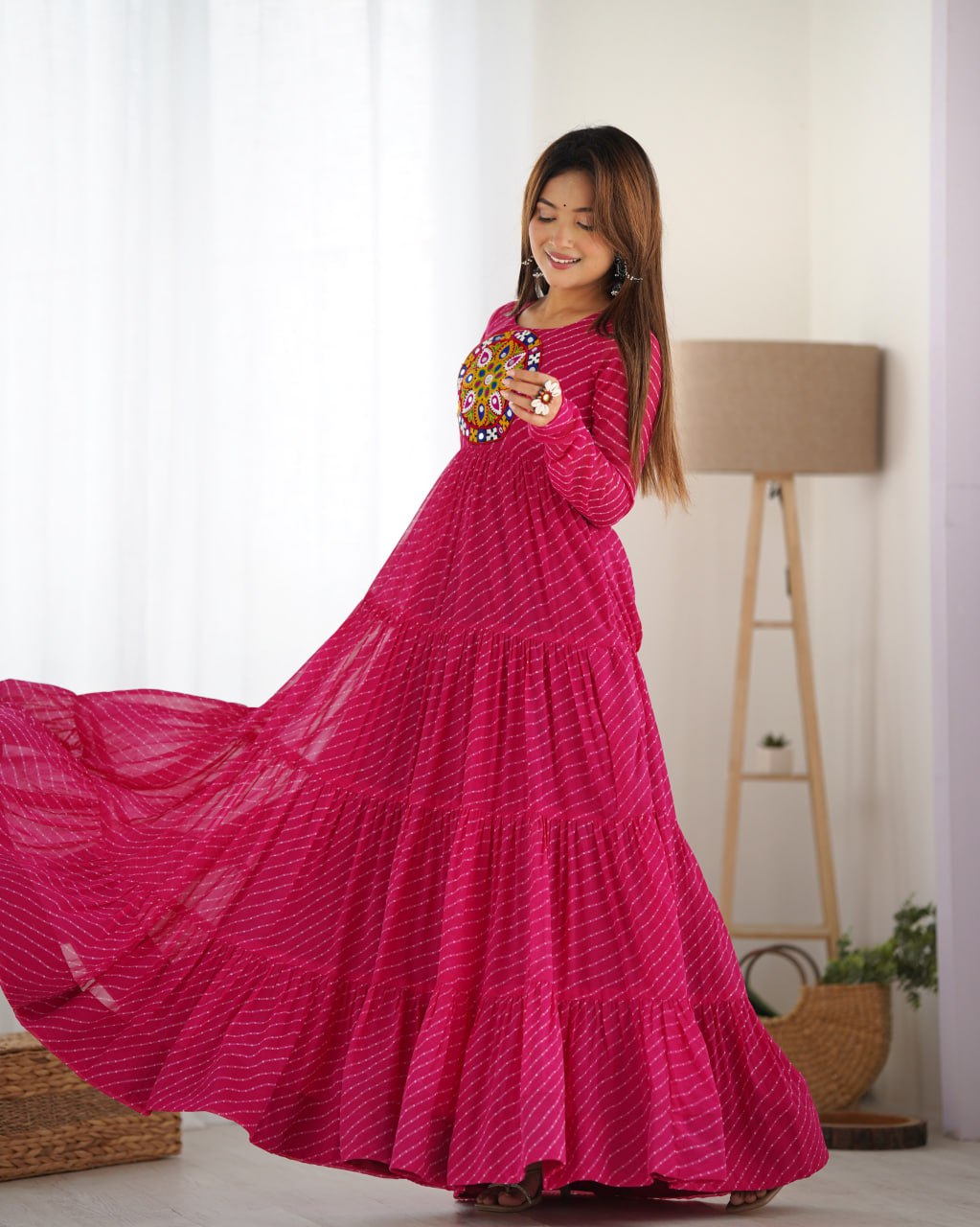 Rani Pink Vibrant Laheriya Print Georgette Anarkali Gown Dress