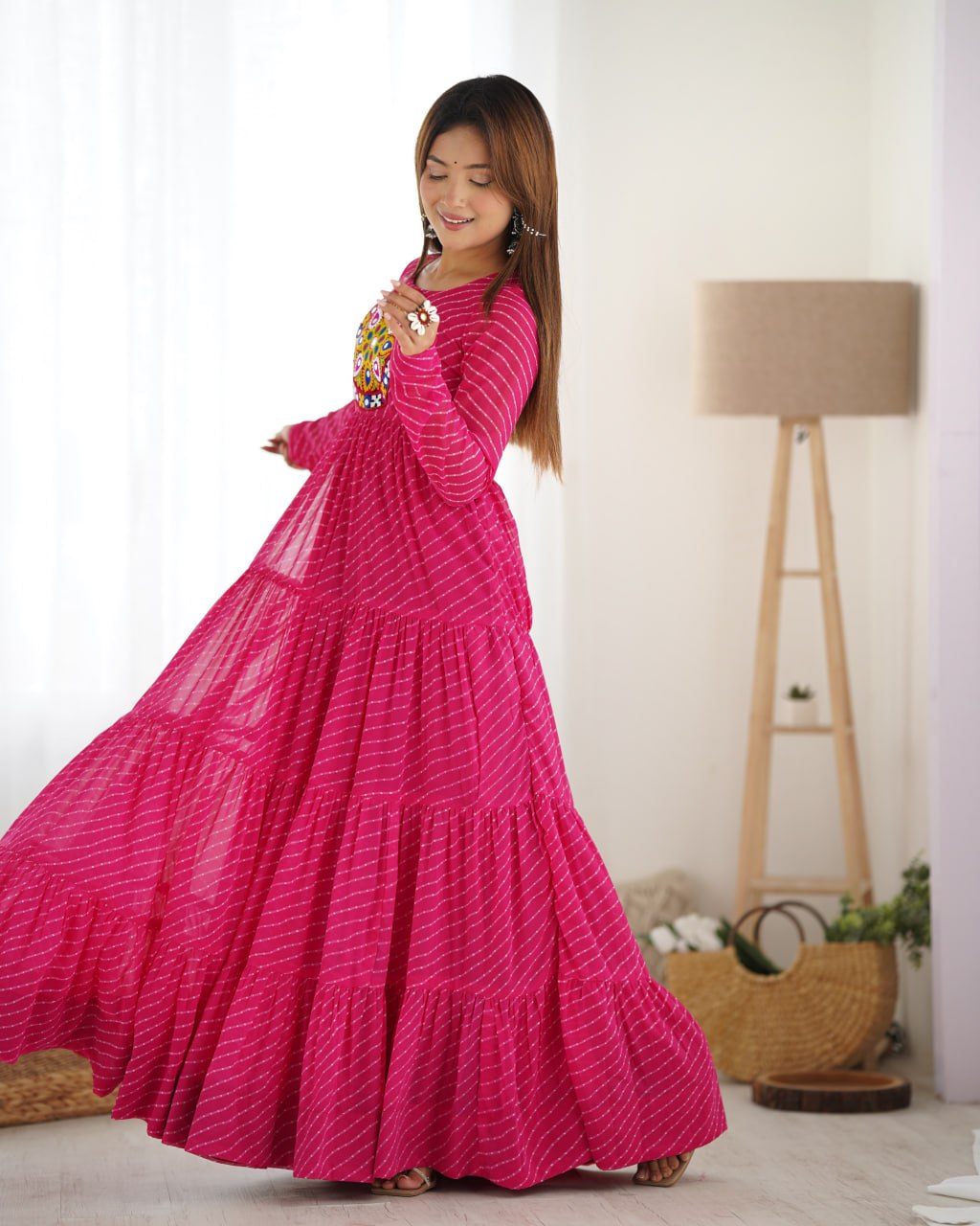 Rani Pink Vibrant Laheriya Print Georgette Anarkali Gown Dress