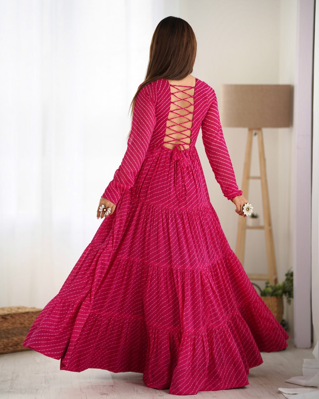 Rani Pink Vibrant Laheriya Print Georgette Anarkali Gown Dress